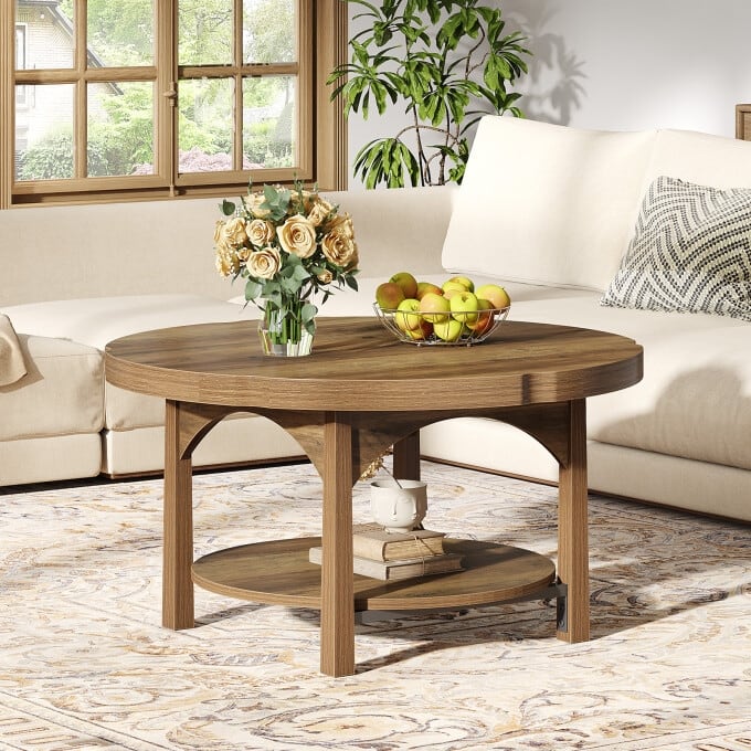 33.46'' Round Coffee Table, 2-Tier Wooden Center Table for Living Room