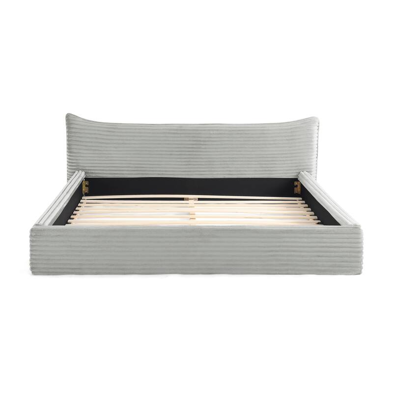 Queen Size Upholstered Bed Frame Velvet Fabric Grounded Platform with Curved Headboard Solid Wood No Box Spring