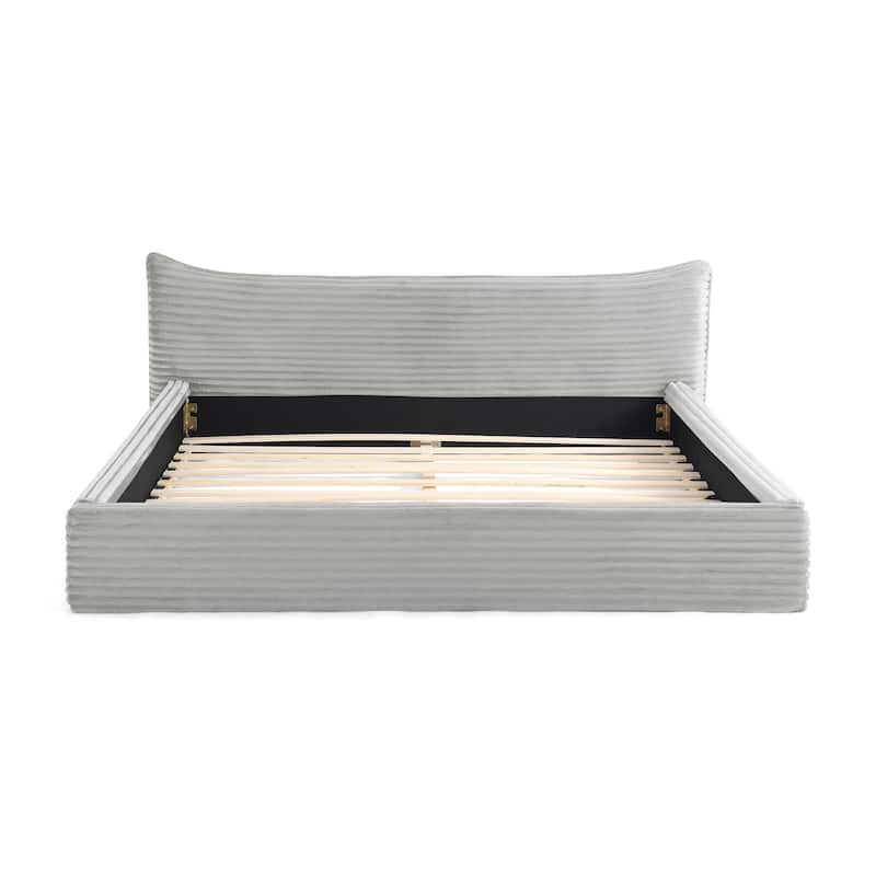 Queen Size Velvet Upholstered Bed Frame - Solid Wood Platform Base With Decorative Curved Headboard, No Box Spring Needed