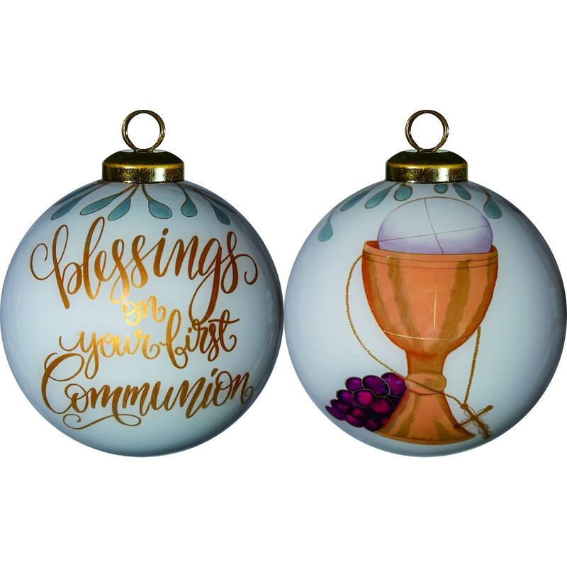 Gold First Communion Hand Painted Mouth Blown Glass Ornament - 3" x 3" x 3"