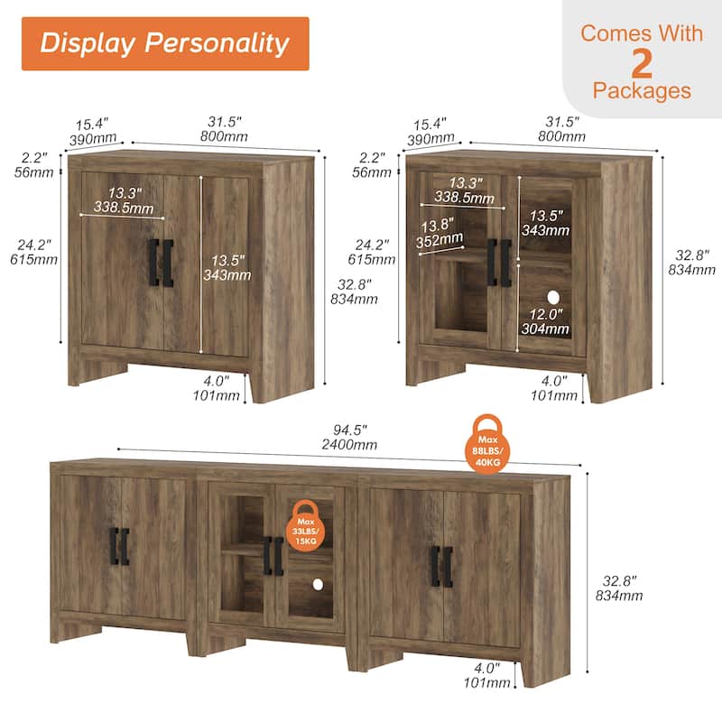 WAMPAT Farmhouse TV Stand for TVs up to 85 Inch, 3-Piece Modular Entertainment Center with Glass and Wood Doors - n/a