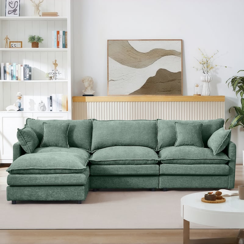 Chenille Chaise Sectional Sofa with Ottoman and 3-layers Cushions - Mint Green