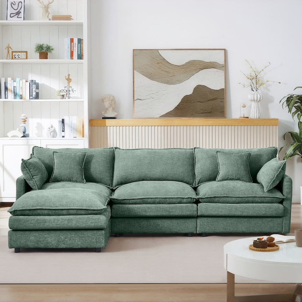 L Shaped Modular Sectional Sofa with Movable Ottoman, Comfy Chenille Upholstered Cloud Sofa, 3 Seater Sofa with Pllows