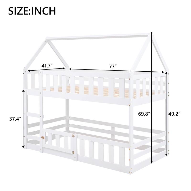 Roomfitters Twin Over Twin House Bunk Bed with Fence and Door, Space-Saving Frame for Bedroom, White