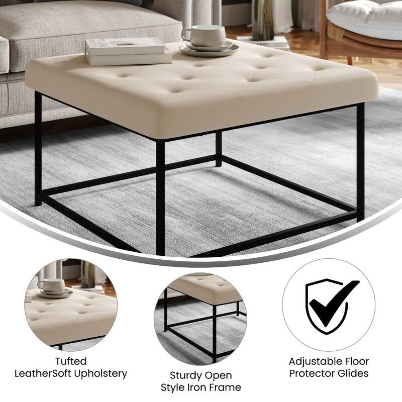 Square Upholstered Tufted Ottoman with Black Metal Frame