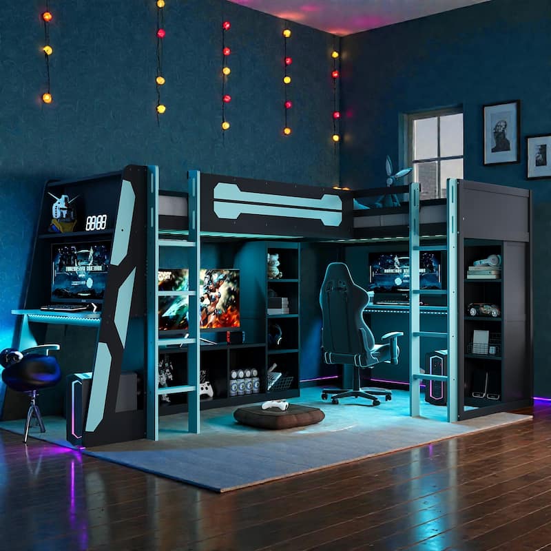 L-Shaped Twin Gaming Bed Frame with RGB LED Lights, USB Ports, TV Stand, Storage Shelves & Reversible Loft Design