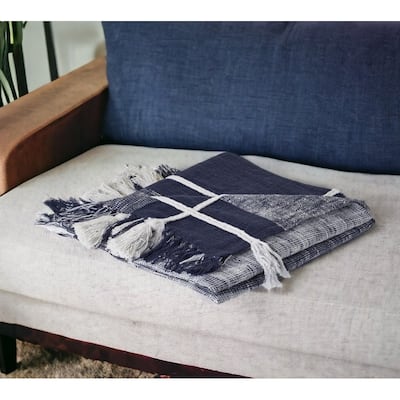 50" X 60" Blue and White Woven Cotton Checkered Throw Blanket with Tassels