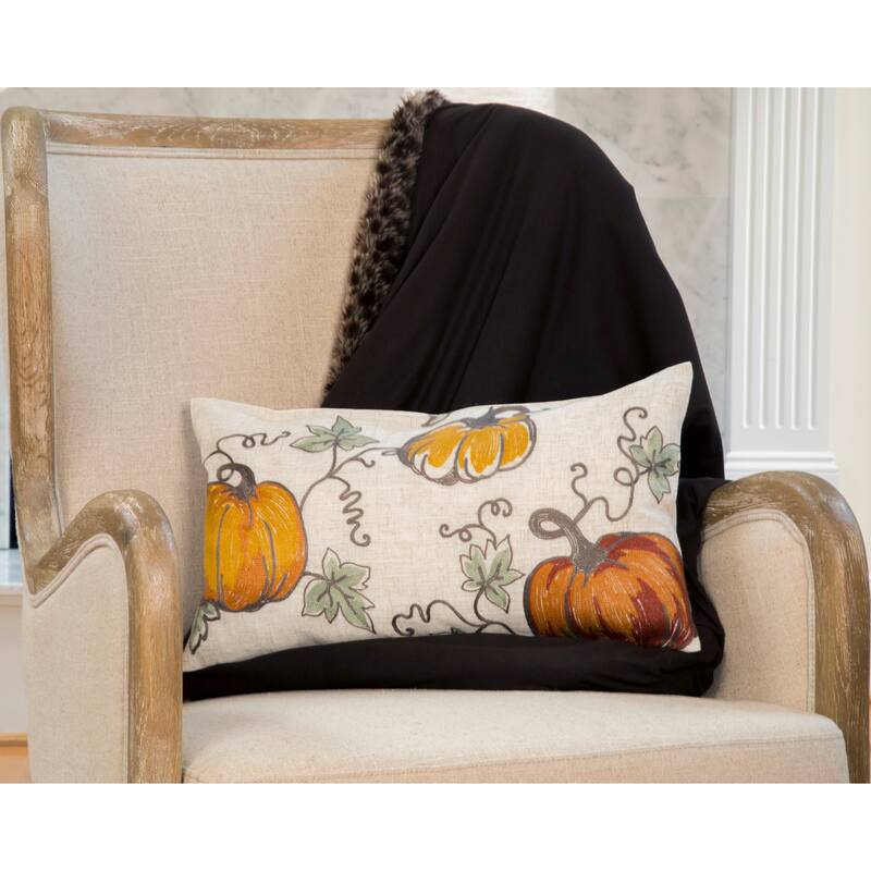 Rustic Pumpkin Crewel Embroidered Fall Pillow, 14 by 14-Inch