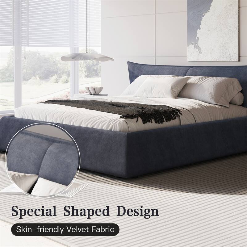 King Size Upholstered Platform Bed with Velvet Headboard & Wood Frame
