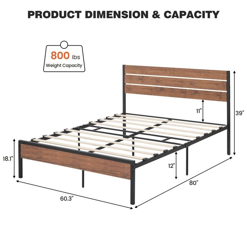 Twin Size Platform Bed Frame with Rustic Wood Headboard - Queen