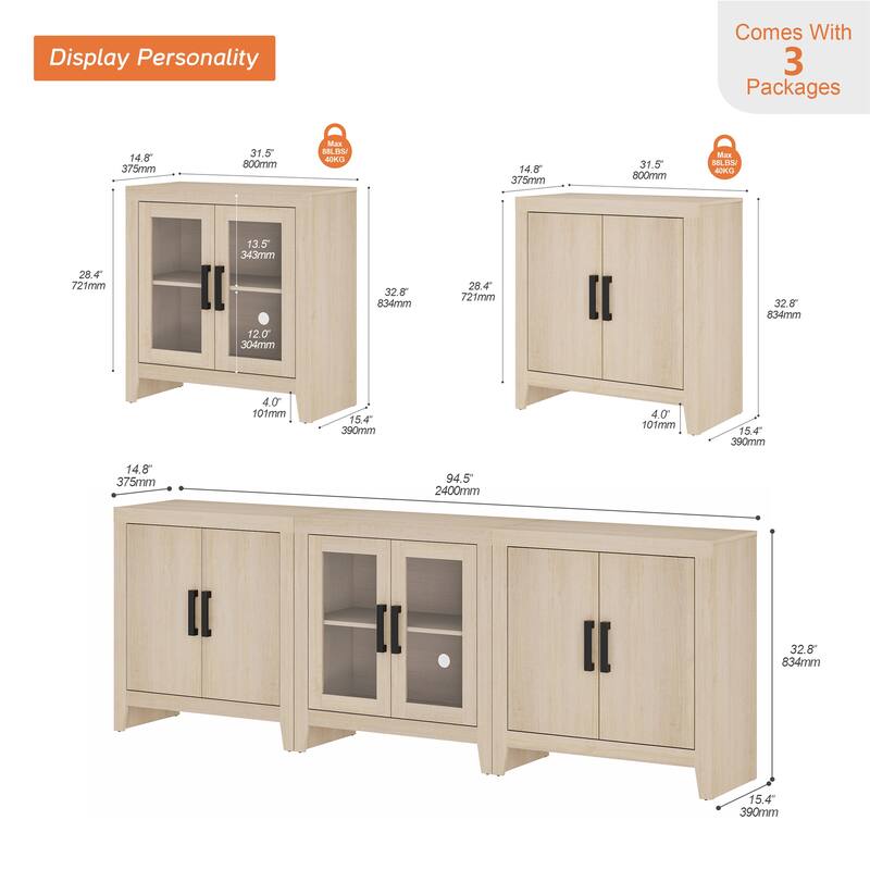 WAMPAT Farmhouse Buffet Cabinet with Glass Doors, 3-Piece Modular Sideboard with Adjustable Shelves