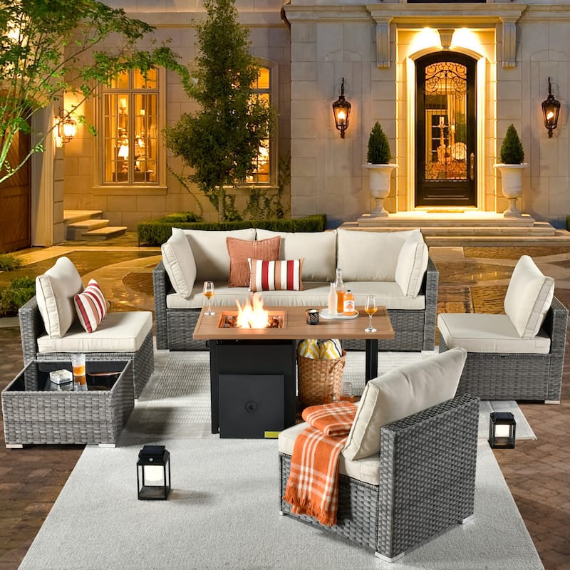 XIZZI 8-piece Outdoor Furniture Patio Wicker Sofa Set with Fire Pit