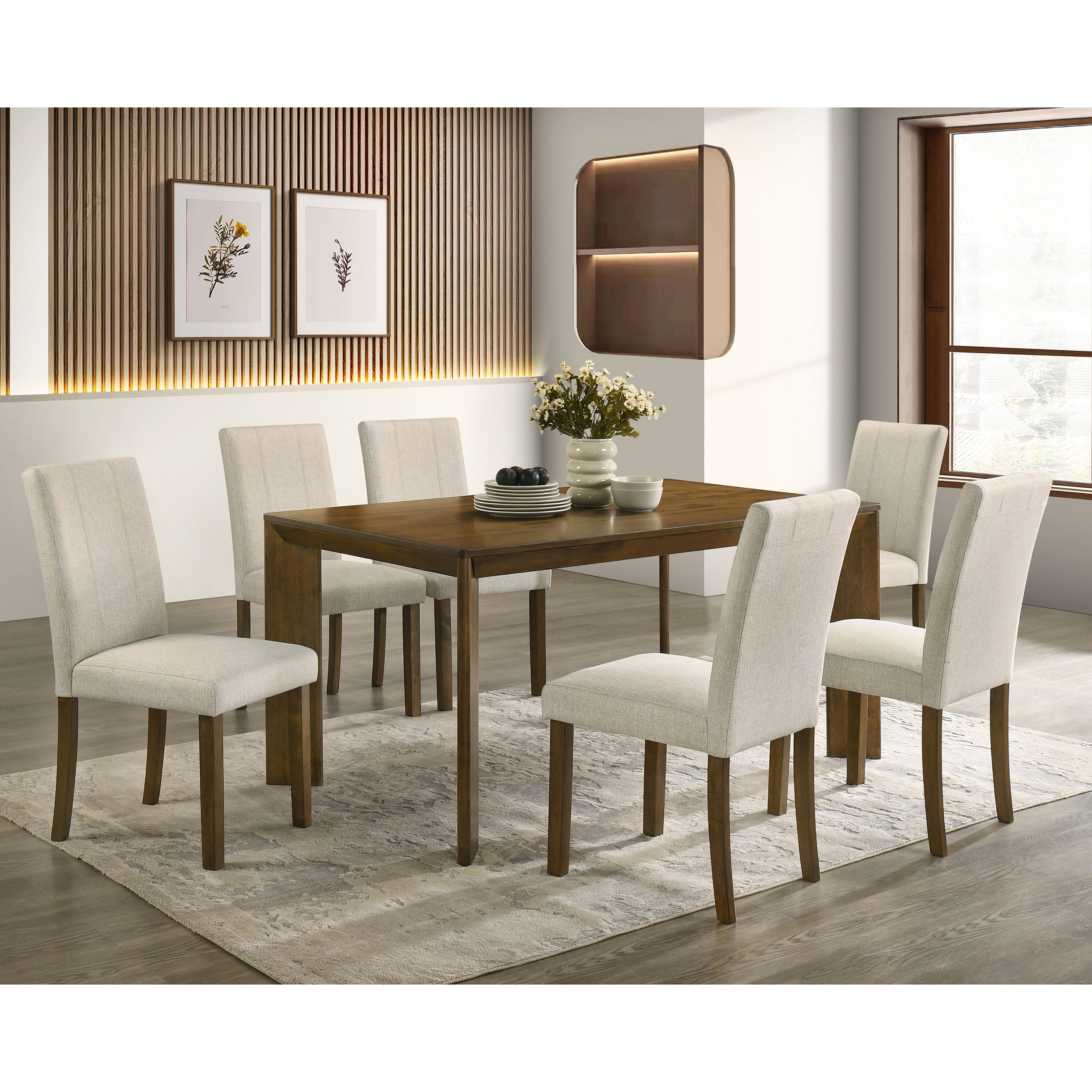 Furniture of America Arveta 7-Piece Antique Brown Wood Dining Table Set with Beige Upholstered Side Chairs