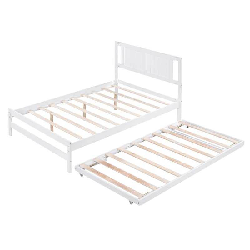 Full Size Platform Bed with Adjustable Trundle in White