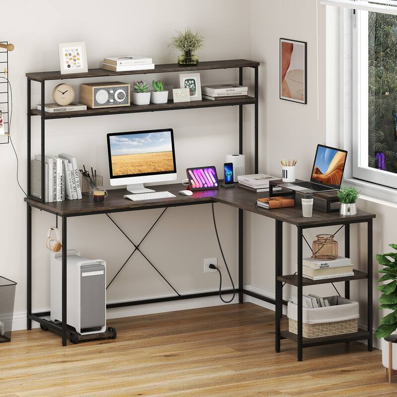 Engineered Wood L-Shaped Gaming Desk with LED Lights and Power Strip