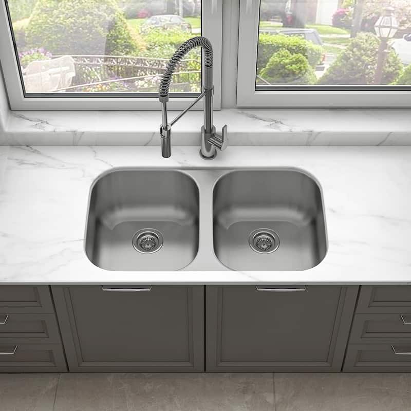 Sinber Undermount Double Bowl 304 Stainless Steel Kitchen Sink - 32" x 18" x 9"(Sink Only) - Silver