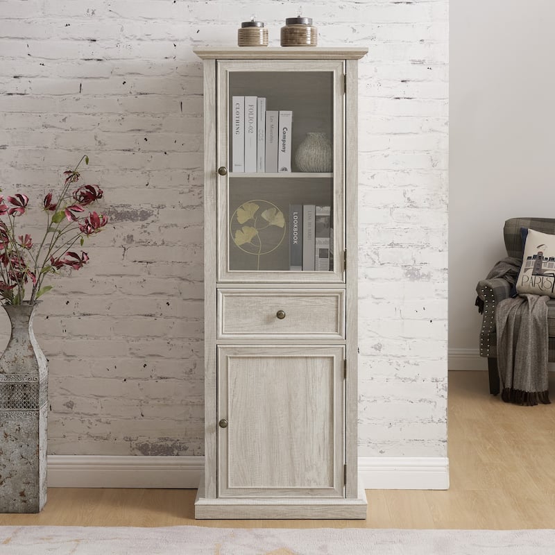 Tall Storage Cabinetwith Glass Doors and Drawer - White
