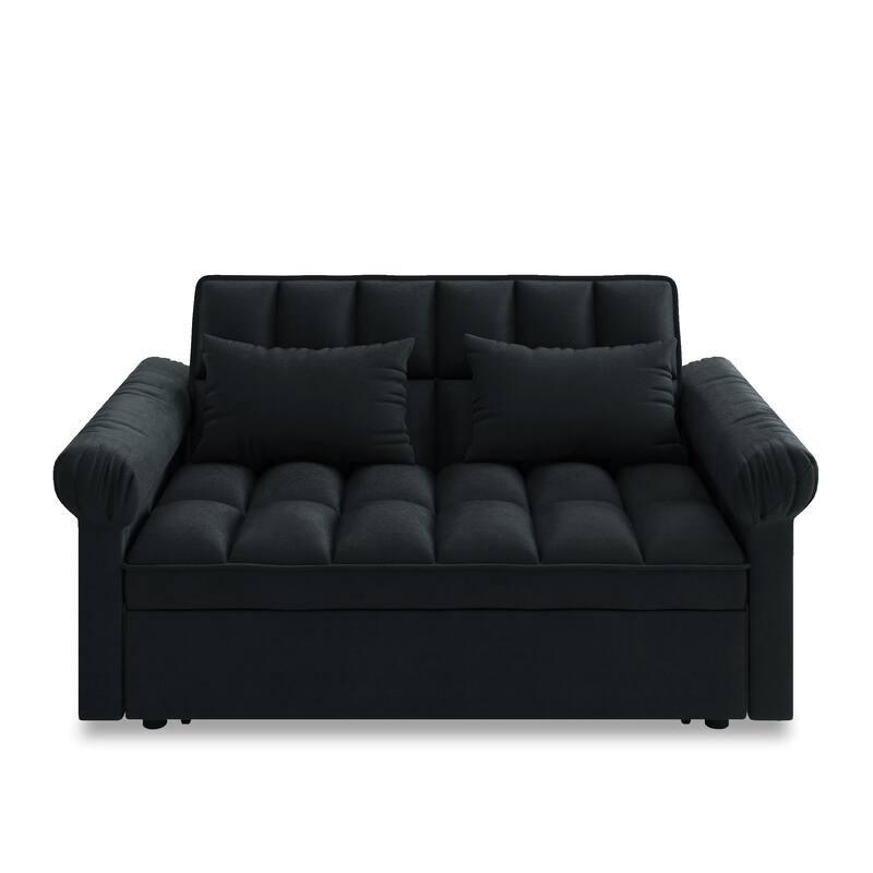 Flannel Sleeper Sofa Bed Loveseat Recliners Couch with Pull-Out Trundle, Adjustable Backrest, Round Arms and Side Pockets