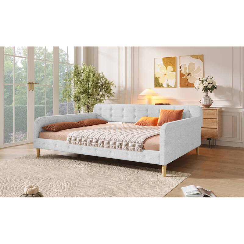 Roomfitters Queen Size Upholstered Daybed, Mid-Century Modern Sofa Bed Frame with Backrest and Tapered Wood Legs
