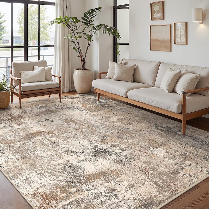 Mcow Abstract Taupe Collection Machine-Washable Non-Slip Area Rug - 8' x 10'