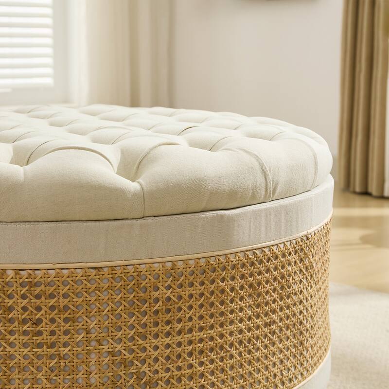 Linen & Rattan Round Storage Ottoman, Button-tufted Upholstery