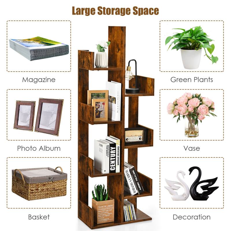 Gymax 8-Shelf Bookcase Modern Tree Bookshelf Storage Decor - 20''x 10'' x 57''