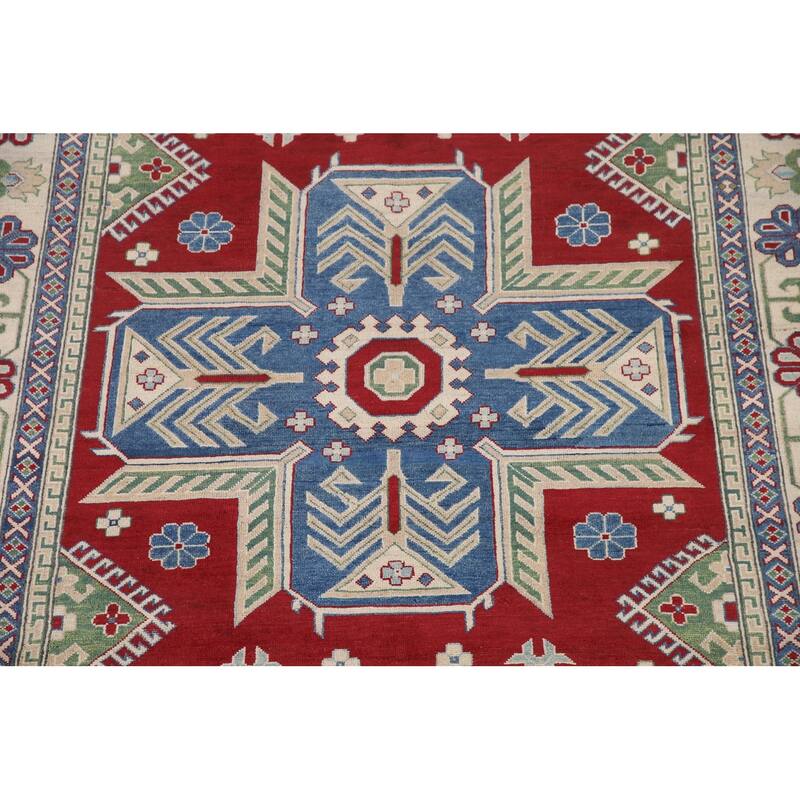 Hand Knotted Oriental 100% Wool Carpet Traditional Geometric Red Kazak Area Rug - 9' 10'' X 6' 9''