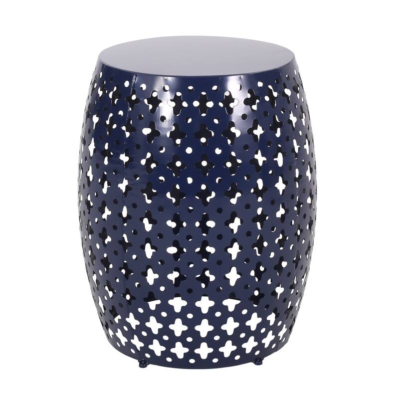 Miami Outdoor End Table, Cutout Design, Round 17 Inch, Navy Blue Iron