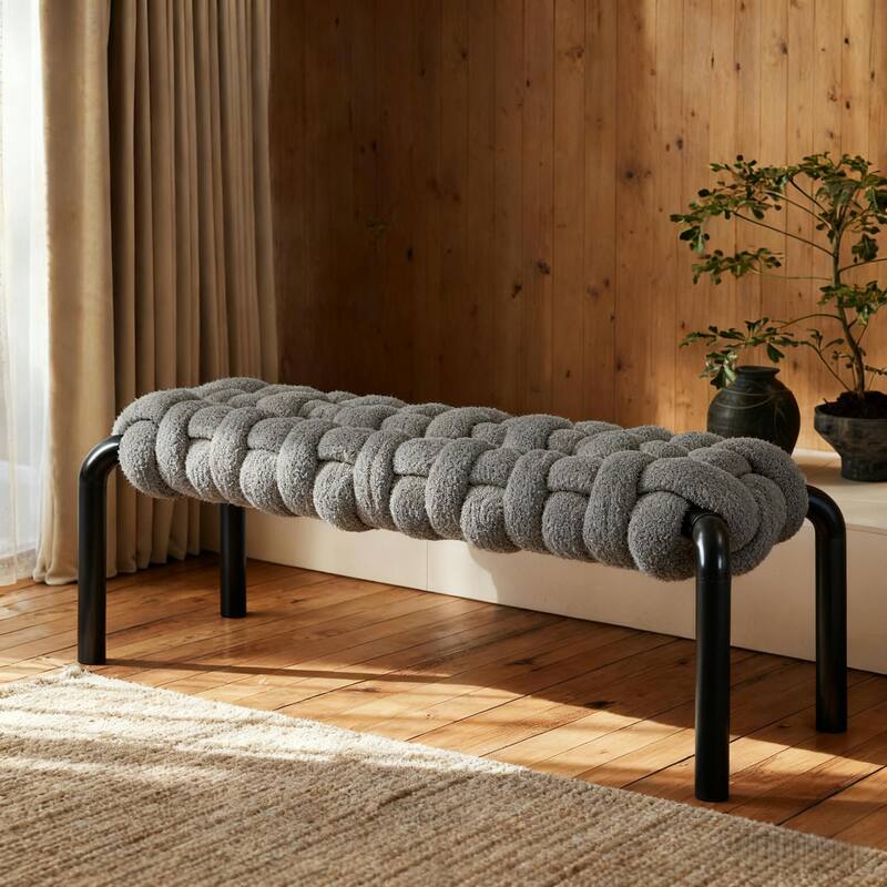 Christopher Knight Home - Teddy Braided Upholstered Bench with Black Metal Legs End-of-Bed Seating - Grey