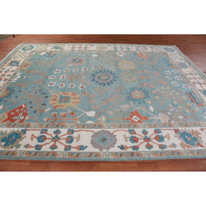 Hand Knotted Oriental 100% Wool Carpet Transitional All-Over Navy Blue & Blues Oushak Area Rug - 12' 4'' X 9' 2''