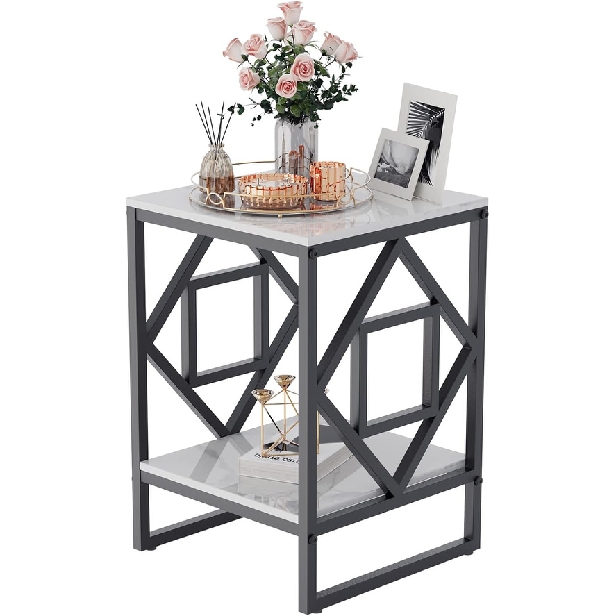 2-Tier Square Side Table with Black Frame - Modern White End Table for Living Room or Bedroom