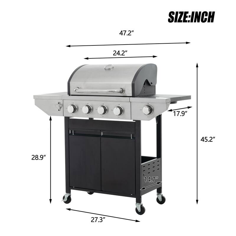 Propane Grill 4 Burner Barbecue Grill Stainless Steel Gas Grill with Side Burner, for Outdoor Cooking Patio, Garden