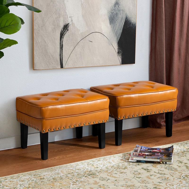 Glitzhome Set of 2 22"W Leatherette Button-tufted Foot Stools Ottomans - Cognac