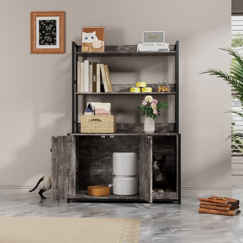 GDF Studio - Large Cat Litter Box Enclosure with Shelf Storage and Scratch Pad