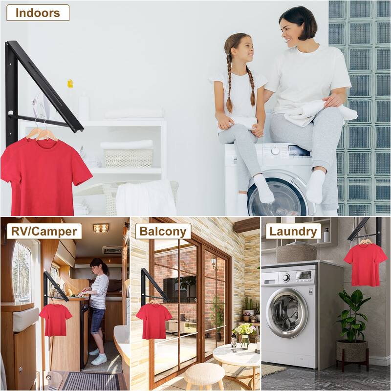 Retractable Clothes Rack, Wall Mounted Folding Clothes Hanger Drying Rack Black