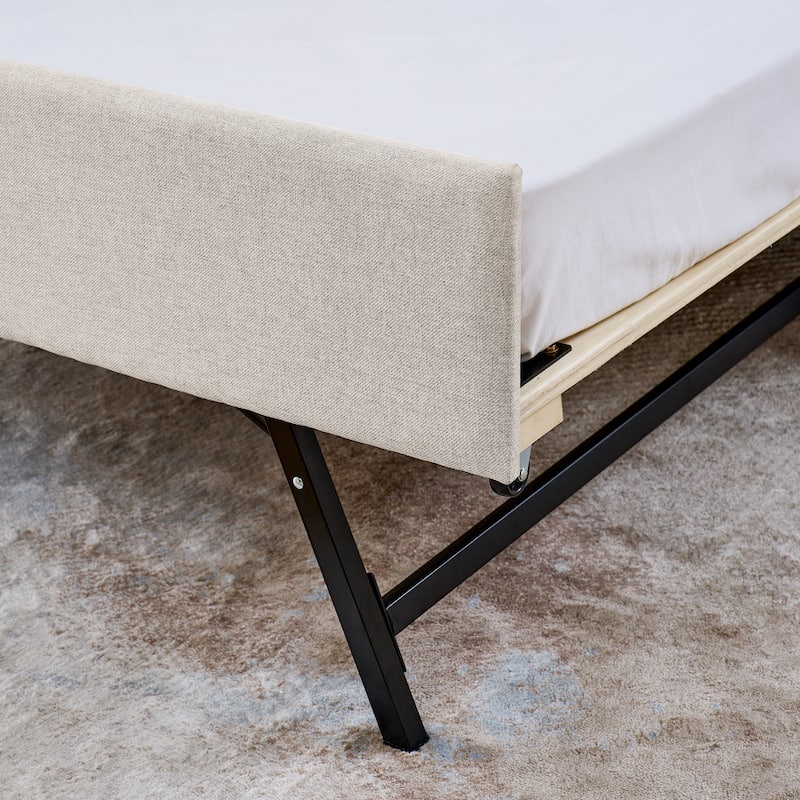 Linen Upholstered Bedframe Twin Daybed with Foldable Leg Pull Out Trundle, LED Lights, Storage Headboard and Wireless Charging