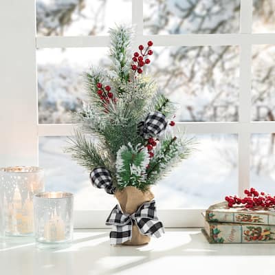 Glitzhome 21"H Christmas Flocked Pine & Berries Table Tree