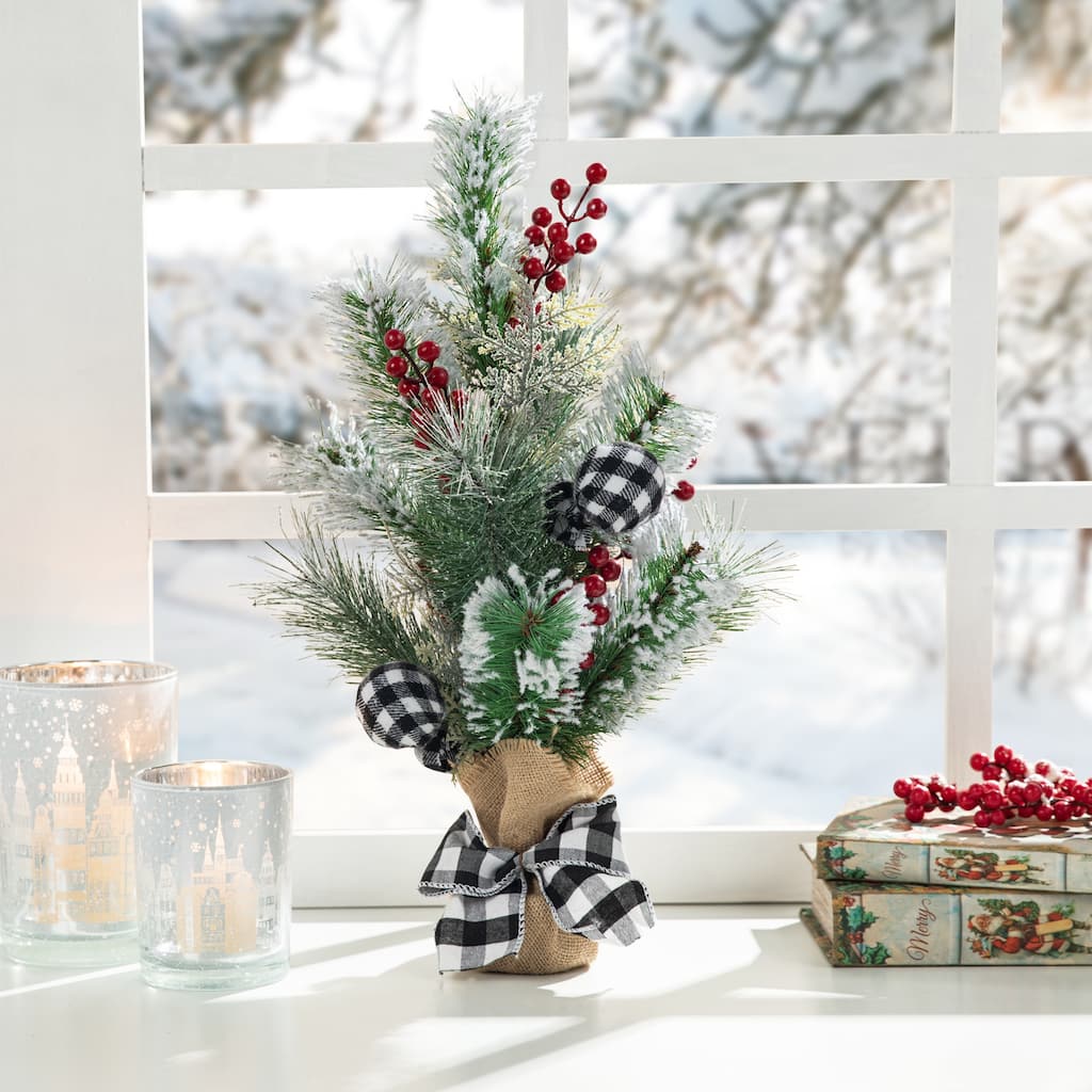 Glitzhome 21"H Christmas Flocked Pine Berries Table Tree with Burlap Base Rustic Centerpiece