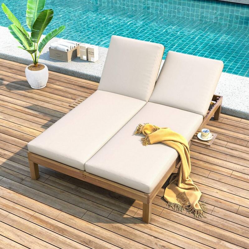 Acacia Wood Double Outdoor Chaise Lounge with 5-Position Adjustable Backrest