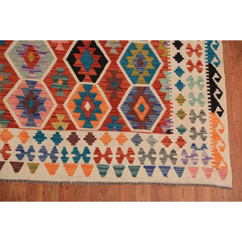 All-Over Geometric Kilim Oriental Area Rug Hand-Woven Wool Carpet - 8'8"x 11'3"