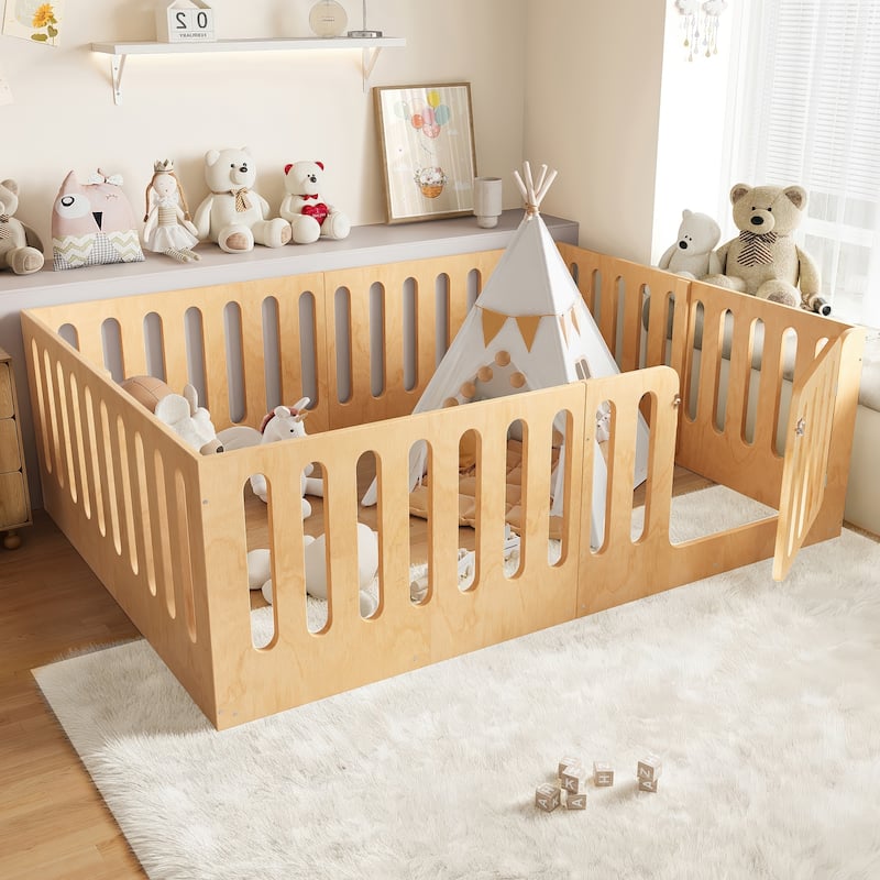 Queen Size Floor Bed with High Fence for Kids, Solid Wood Kids Montessori Bed with Door, No Box Spring Needed Design