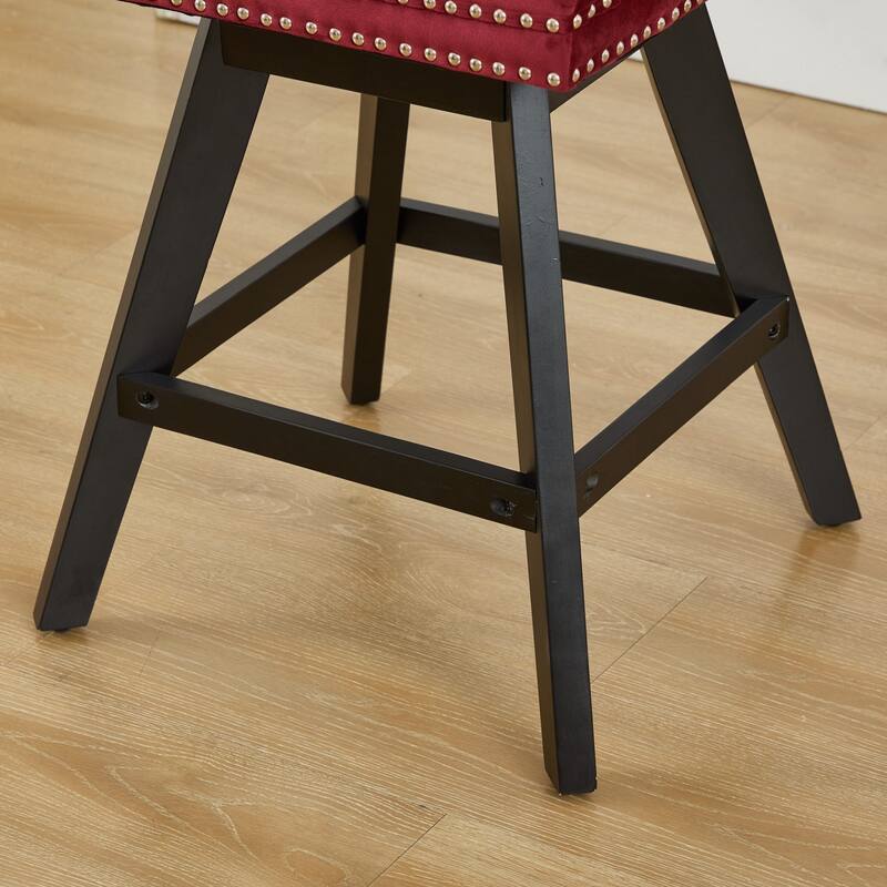 Velvet Swivel Bar Stools Set of 2, Button Tufted Rivet Trim Dining Room Chairs, Kitchen Stools with Wooden Legs