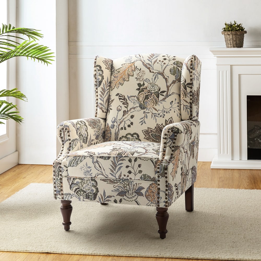 Gott Traditional Floral Wingback Armchair with Solid Wood Legs by HULALA HOME