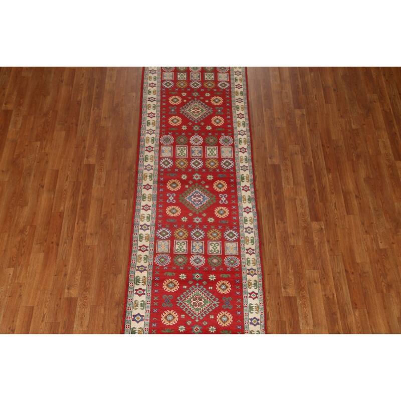 Red Geometric Traditional Kazak Oriental Wool Runner Rug Hand-knotted - 2'9" x 9'4"