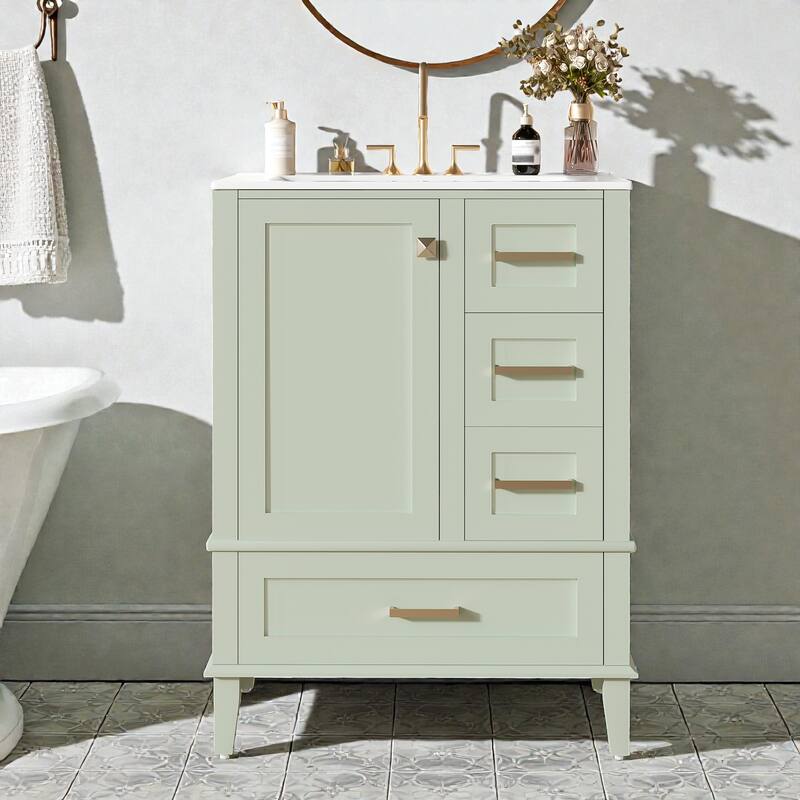 24.8" Bathroom Vanity with Ceramic Sink, Freestanding Cabinet with Soft-Close Door and 3 Drawers, Modern Style - Green