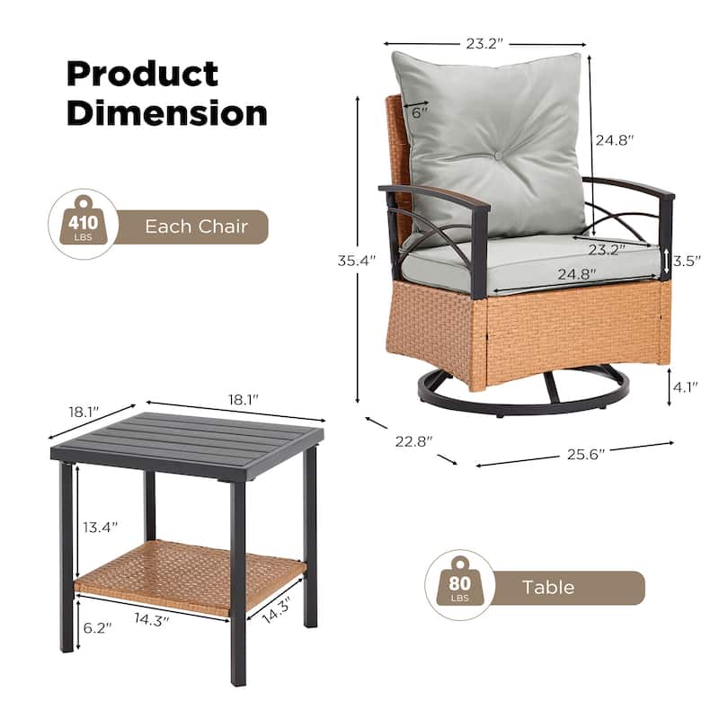 3-Piece Outdoor Rocking/Swivel Chair Set - PE Rattan Patio Furniture with Cushions & Coffee Table, Rocker Chairs for Backyard