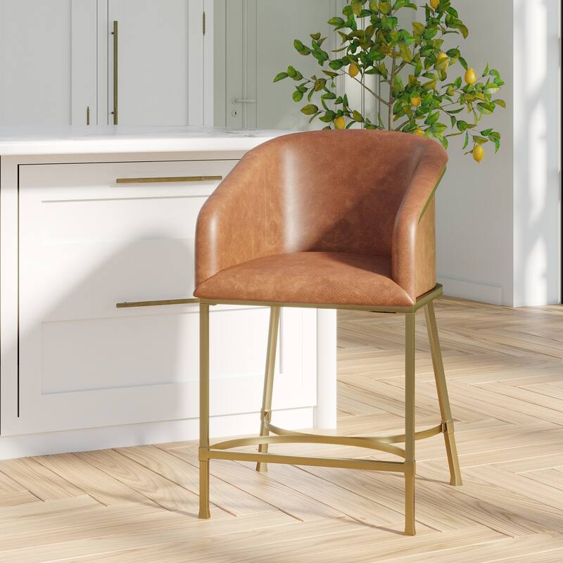 Hampton Modern Bar Stool, Faux Leather and Gold Finish Metal Frame - Brown - Counter Height