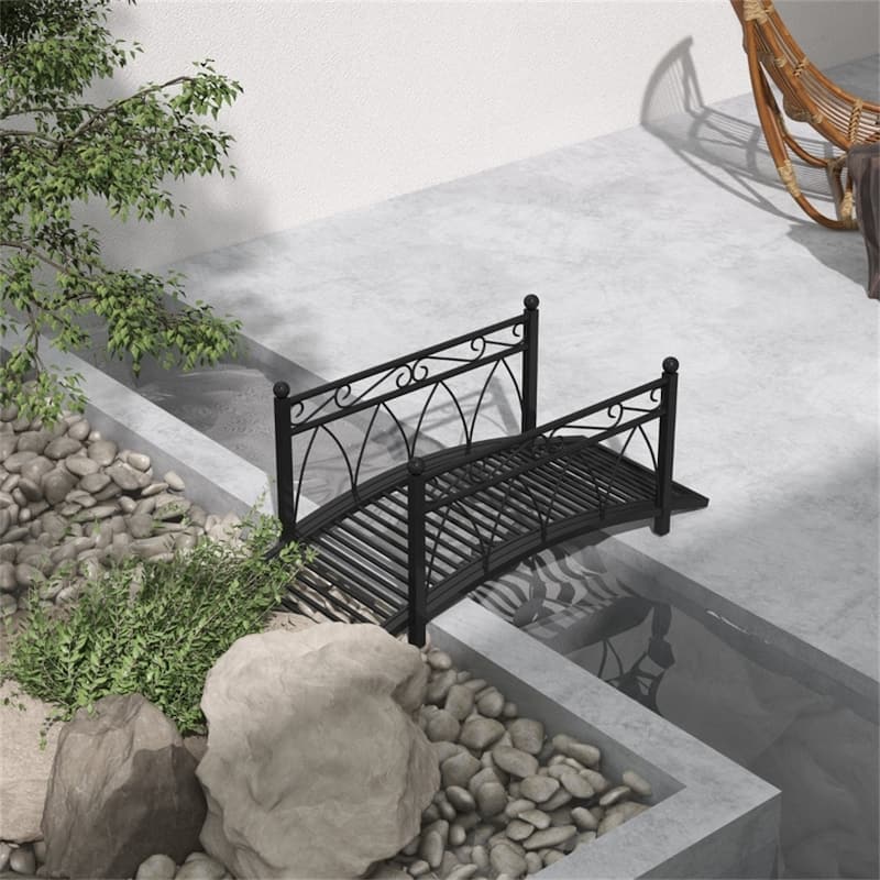 Vintage Style Decorative Steel Garden Bridge with Scrollwork and Safety Side Rails for Outdoor Pond Stream