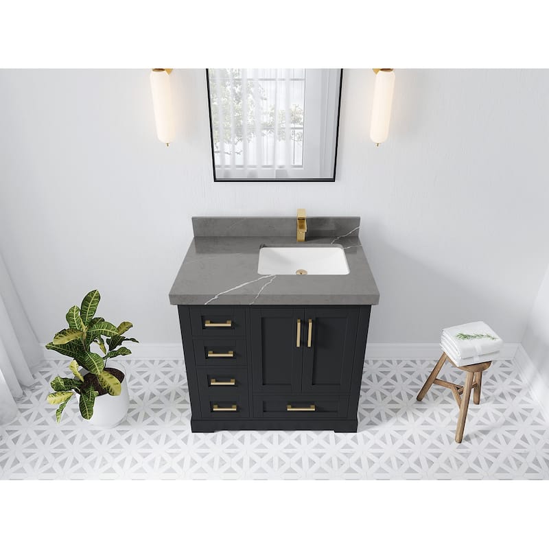 Willow Collections 36 x 22 Boston Right Offset Sink Bathroom Vanity with Quartz or Marble Countertop