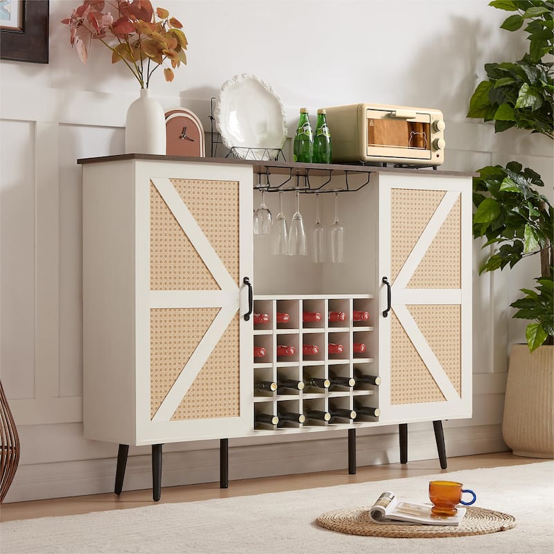 Faux Rattan Wine Bar Cabinet with Wine Rack & Wine Glass Holder, Buffet Storage Cabinet Kitchen Microwave Cabinet, White+Walnut